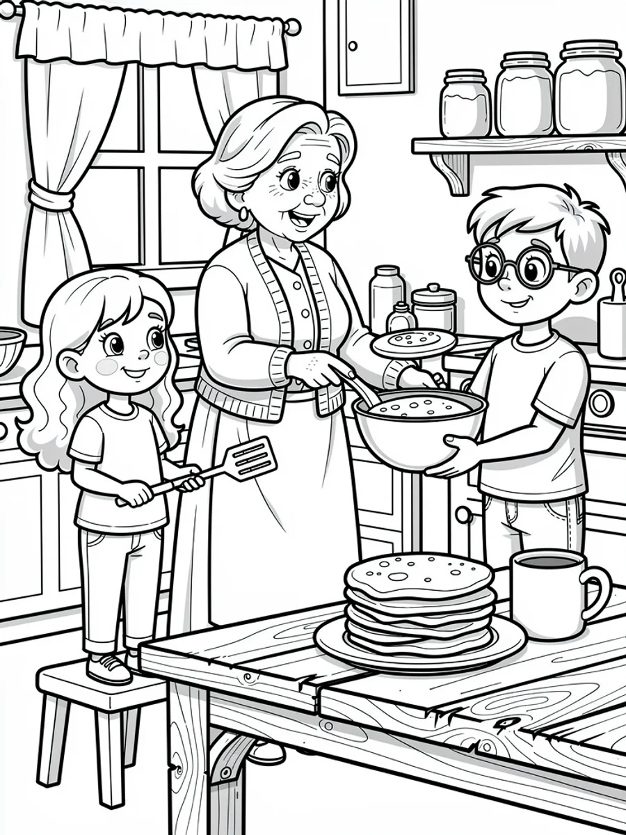 A sample coloring page: a grandmother and two children making pancakes, thick black outlines